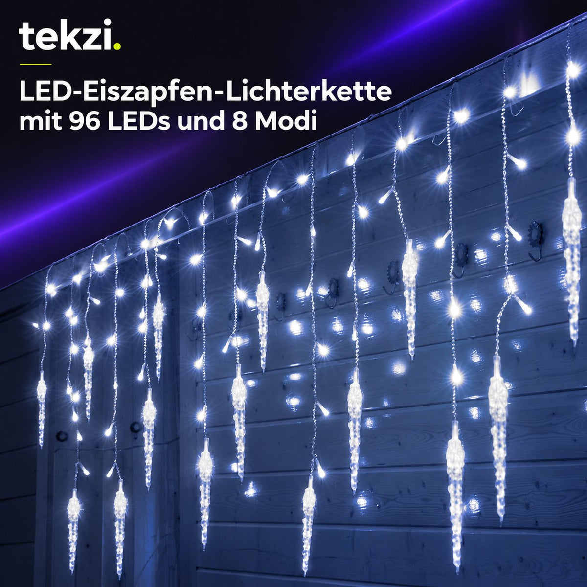 tekzi LED-Eiszapfen-Lichterkette mit 96 LEDs und 8 Modi – Ansicht 8 im TEKZI-Design