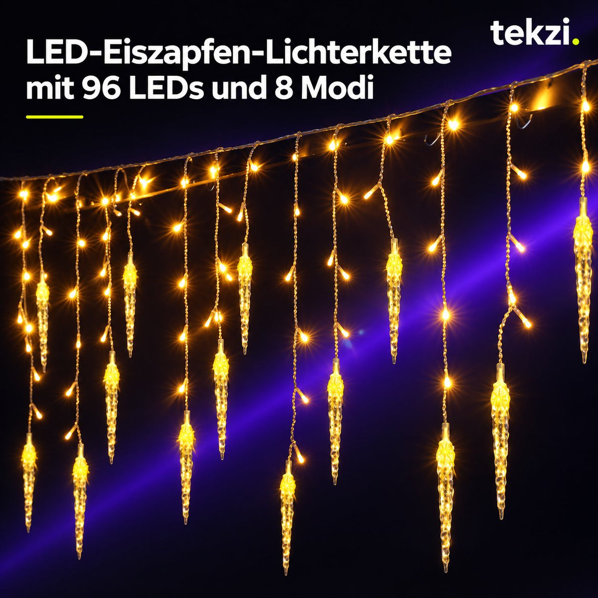 tekzi LED-Eiszapfen-Lichterkette mit 96 LEDs und 8 Modi – Ansicht 5 im TEKZI-Design