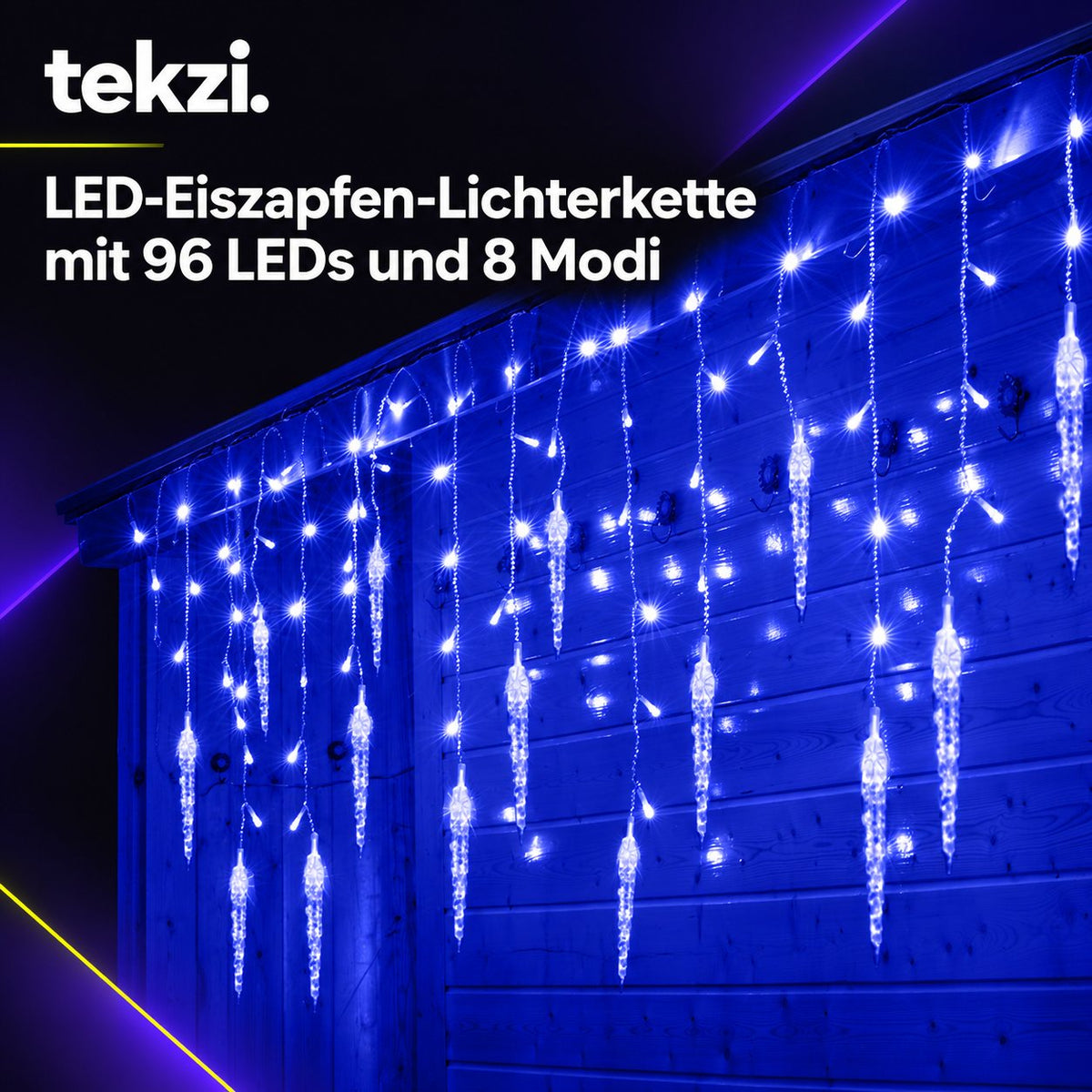 tekzi LED-Eiszapfen-Lichterkette mit 96 LEDs und 8 Modi – Ansicht 3 im TEKZI-Design