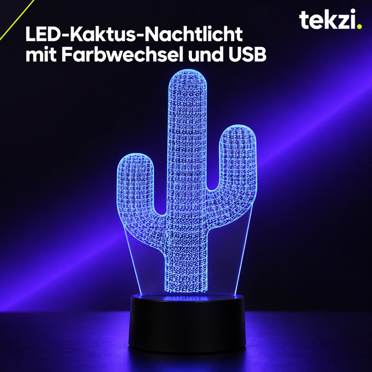 tekzi LED-Kaktus-Nachtlicht mit Farbwechsel und USB – Ansicht 2 im TEKZI-Design