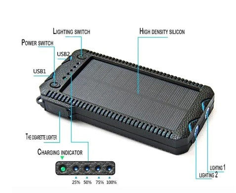 tekzi Solar-Powerbank mit 15.000 mAh und zwei LED-Leuchten – Produktabbildung