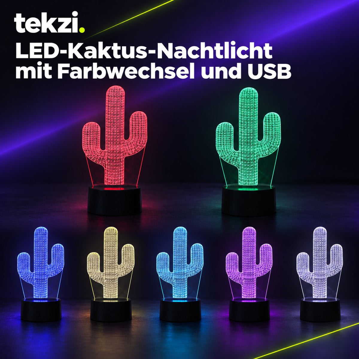 tekzi LED-Kaktus-Nachtlicht mit Farbwechsel und USB – Ansicht 3 im TEKZI-Design
