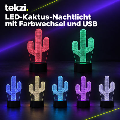 tekzi LED-Kaktus-Nachtlicht mit Farbwechsel und USB – Ansicht 3 im TEKZI-Design