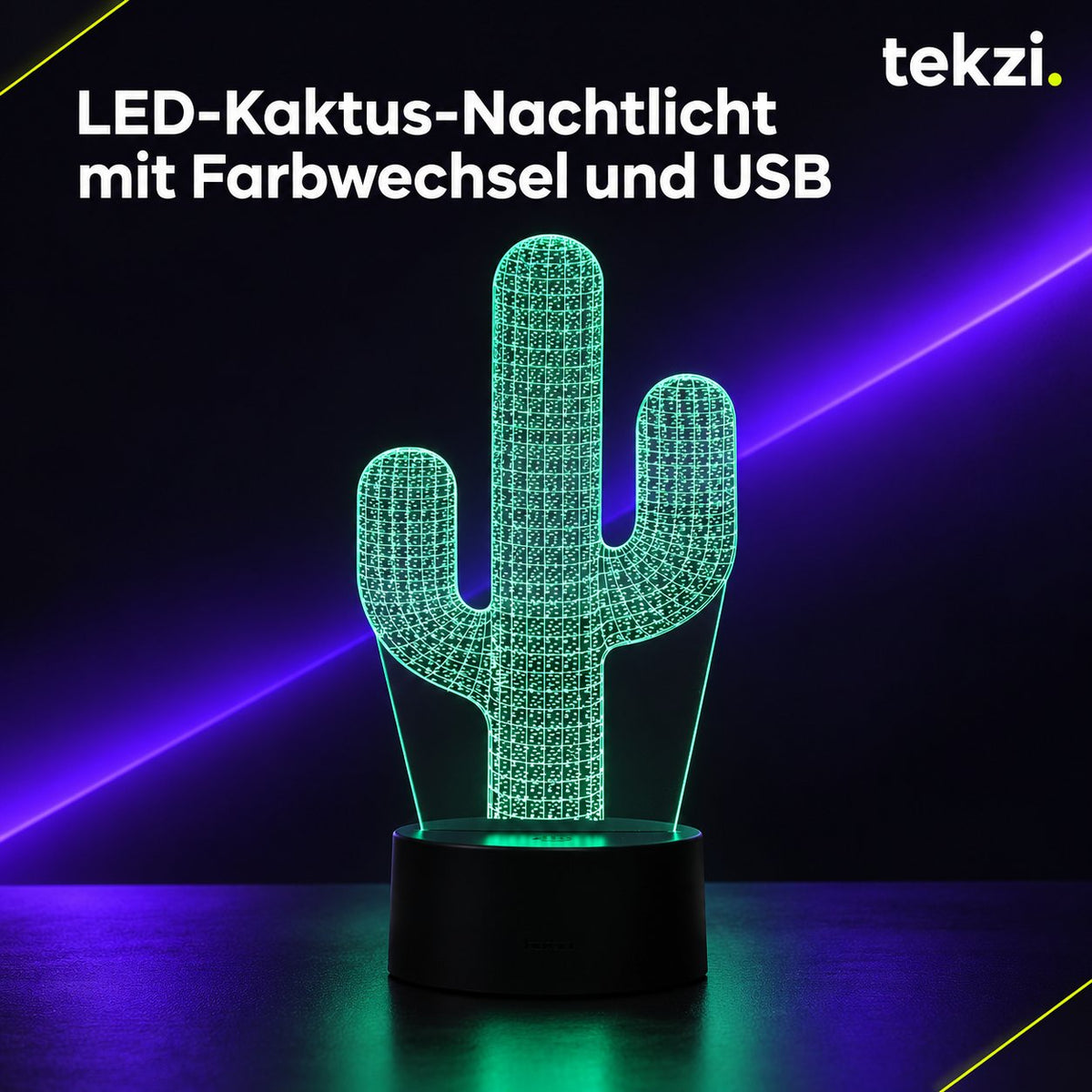 tekzi LED-Kaktus-Nachtlicht mit Farbwechsel und USB – Ansicht 5 im TEKZI-Design