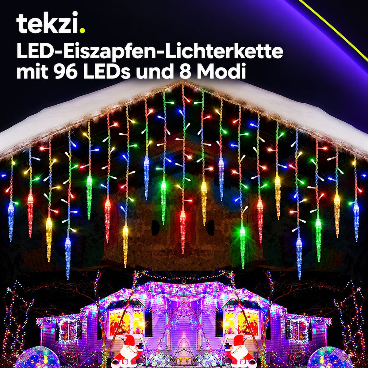 tekzi LED-Eiszapfen-Lichterkette mit 96 LEDs und 8 Modi – Ansicht 1 im TEKZI-Design
