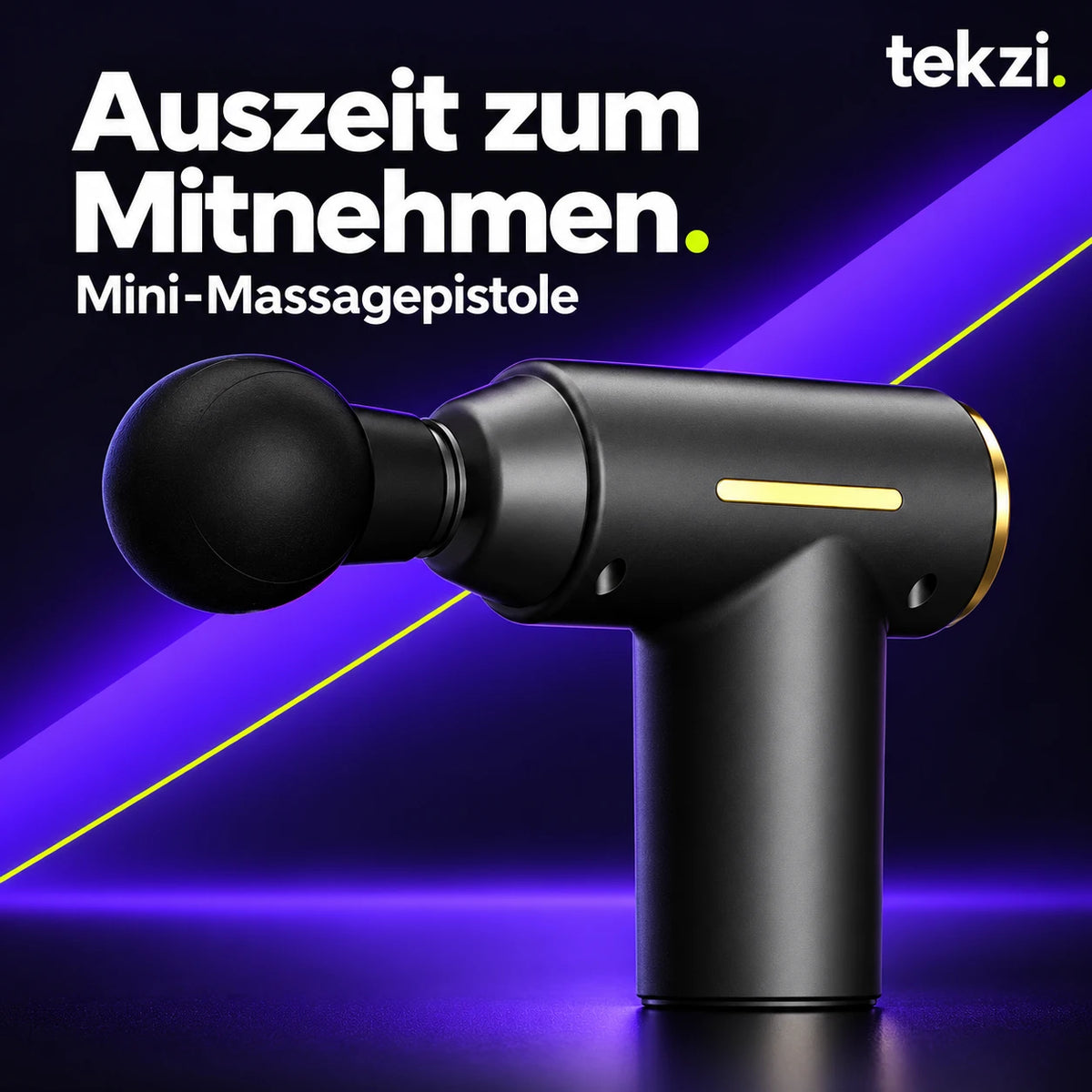 Schwarze Mini-Massagepistole mit goldfarbenen Akzenten und Kugelaufsatz im TEKZI-Design