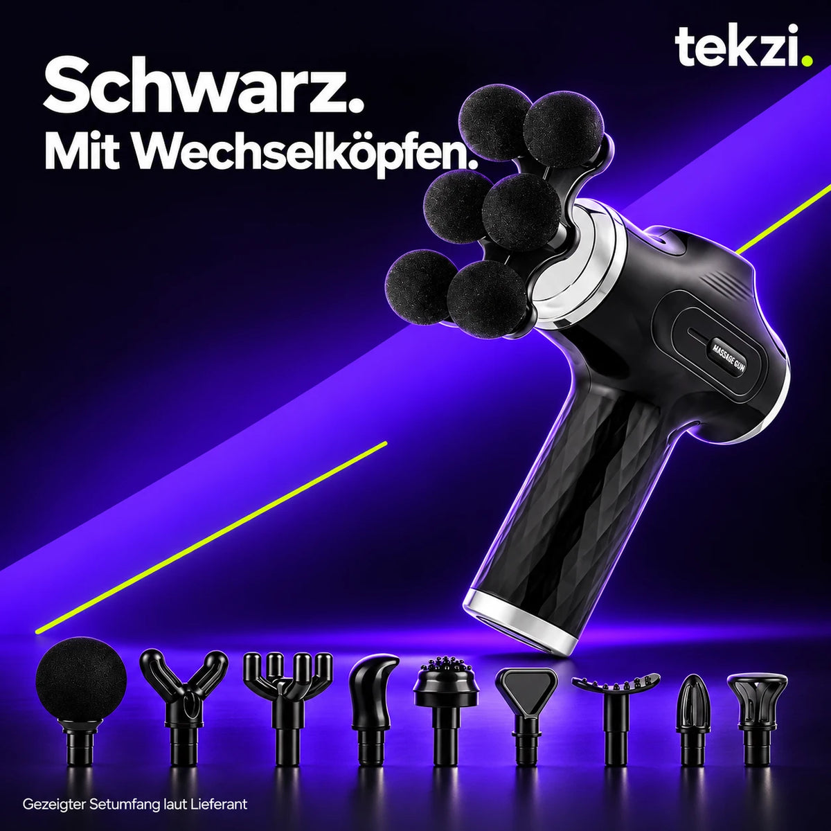 Schwarze foreverlily Mini-Massagepistole mit montiertem Sechskugelkopf und neun weiteren Aufsätzen laut Lieferant, TEKZI-Design