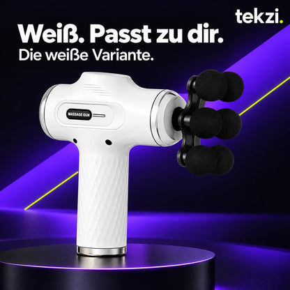 Weiße foreverlily Massagepistole mit Sechskugel-Aufsatz im TEKZI-Design