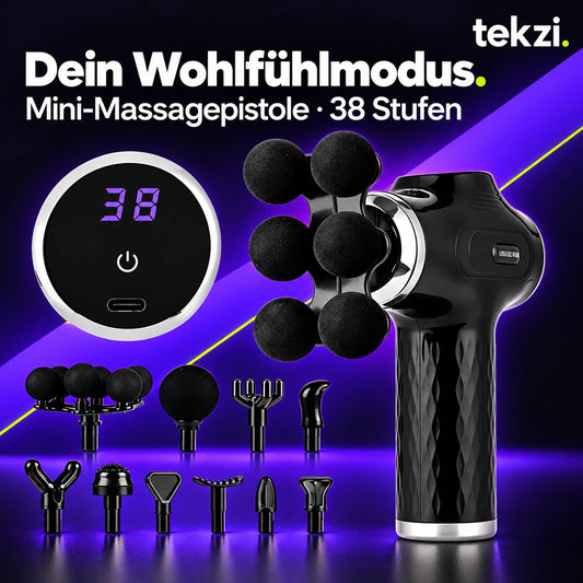 Schwarze Mini-Massagepistole foreverlily mit Aufsätzen und 38-Stufen-Anzeige im TEKZI-Design