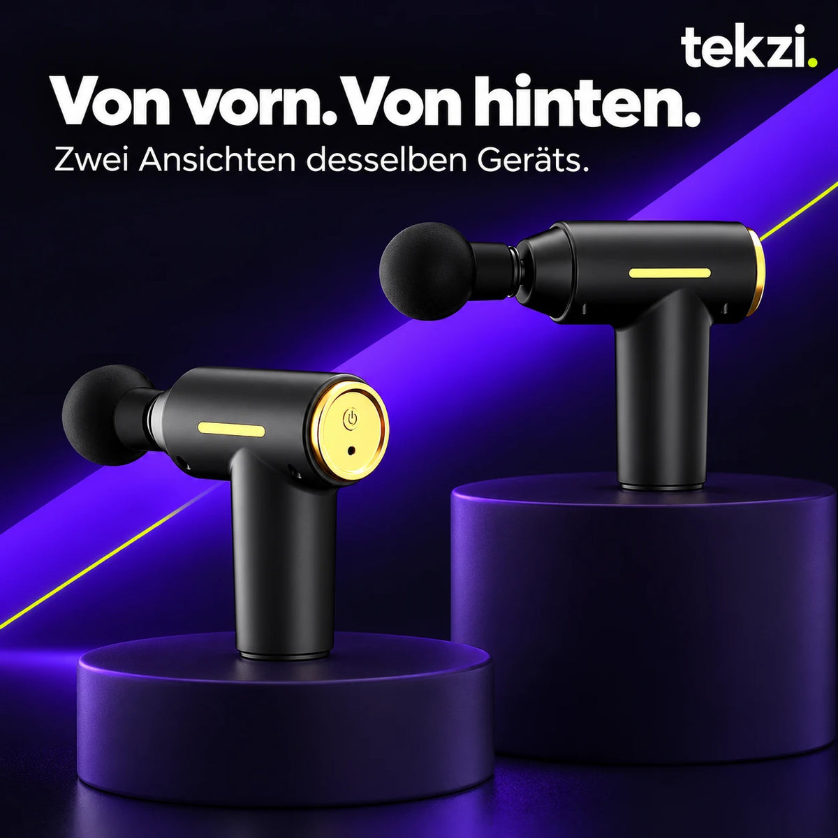 Zwei Perspektiven derselben schwarzen Mini-Massagepistole mit goldenen Details im TEKZI-Design