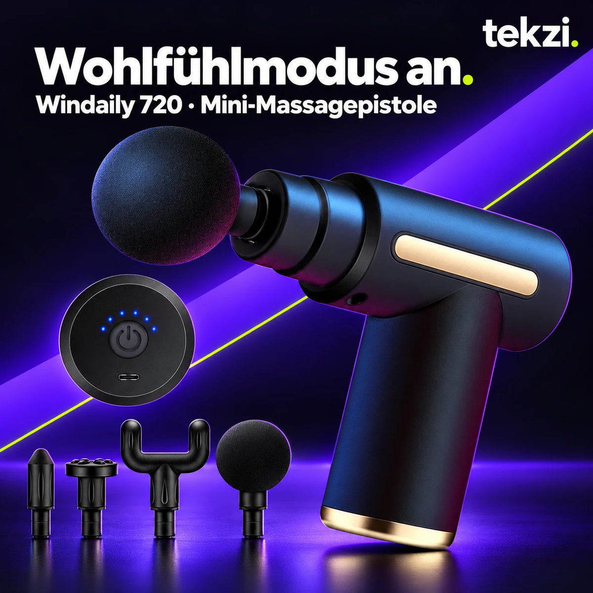 Windaily 720 Mini-Massagepistole mit vier Aufsätzen und Rückansicht im TEKZI-Design