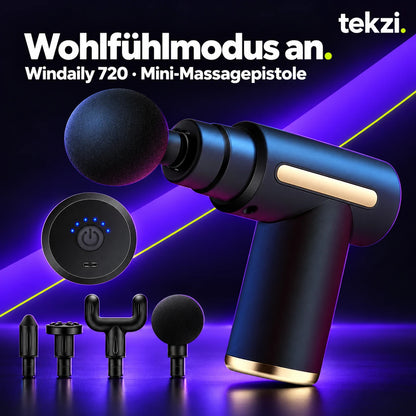 Windaily 720 Mini-Massagepistole mit vier Aufsätzen und Rückansicht im TEKZI-Design
