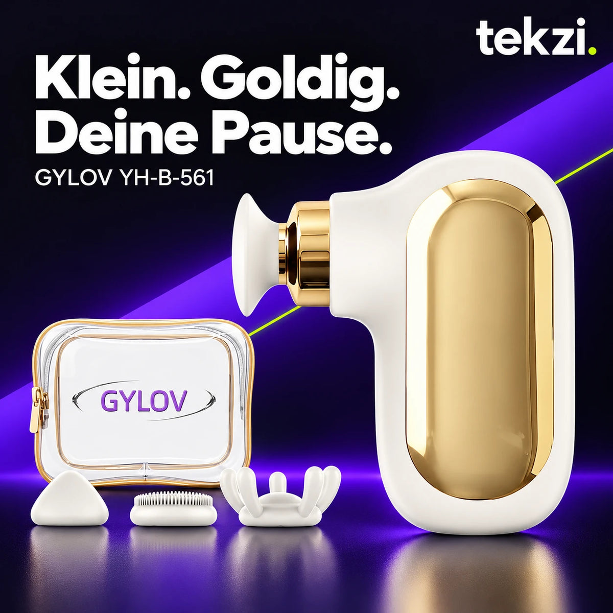 Weiße GYLOV YH-B-561 Mini-Massagepistole mit goldfarbenem Einsatz, Tasche und Aufsätzen im TEKZI-Design