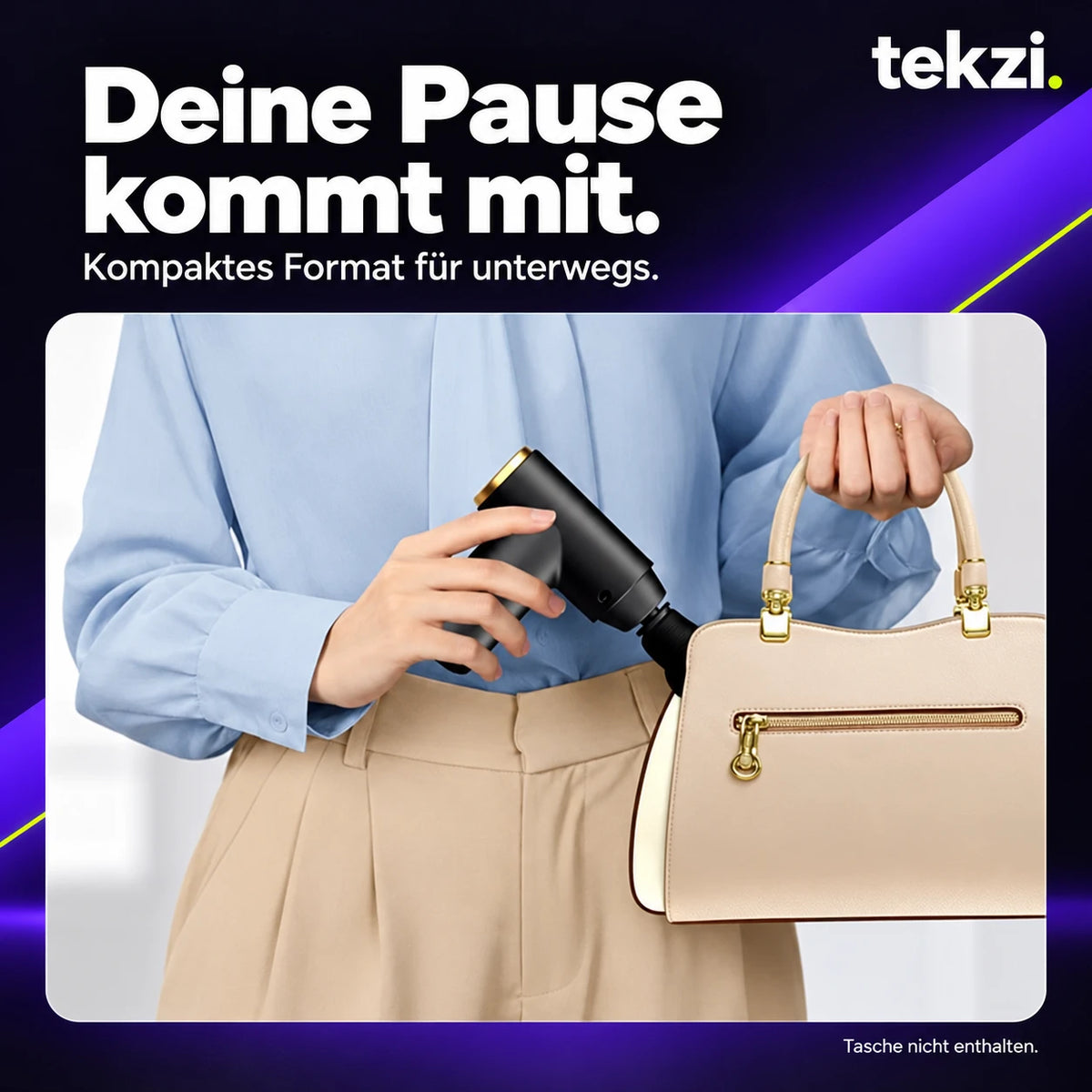 Mini-Massagepistole am Taschenrand, Motiv für unterwegs; Tasche nicht enthalten