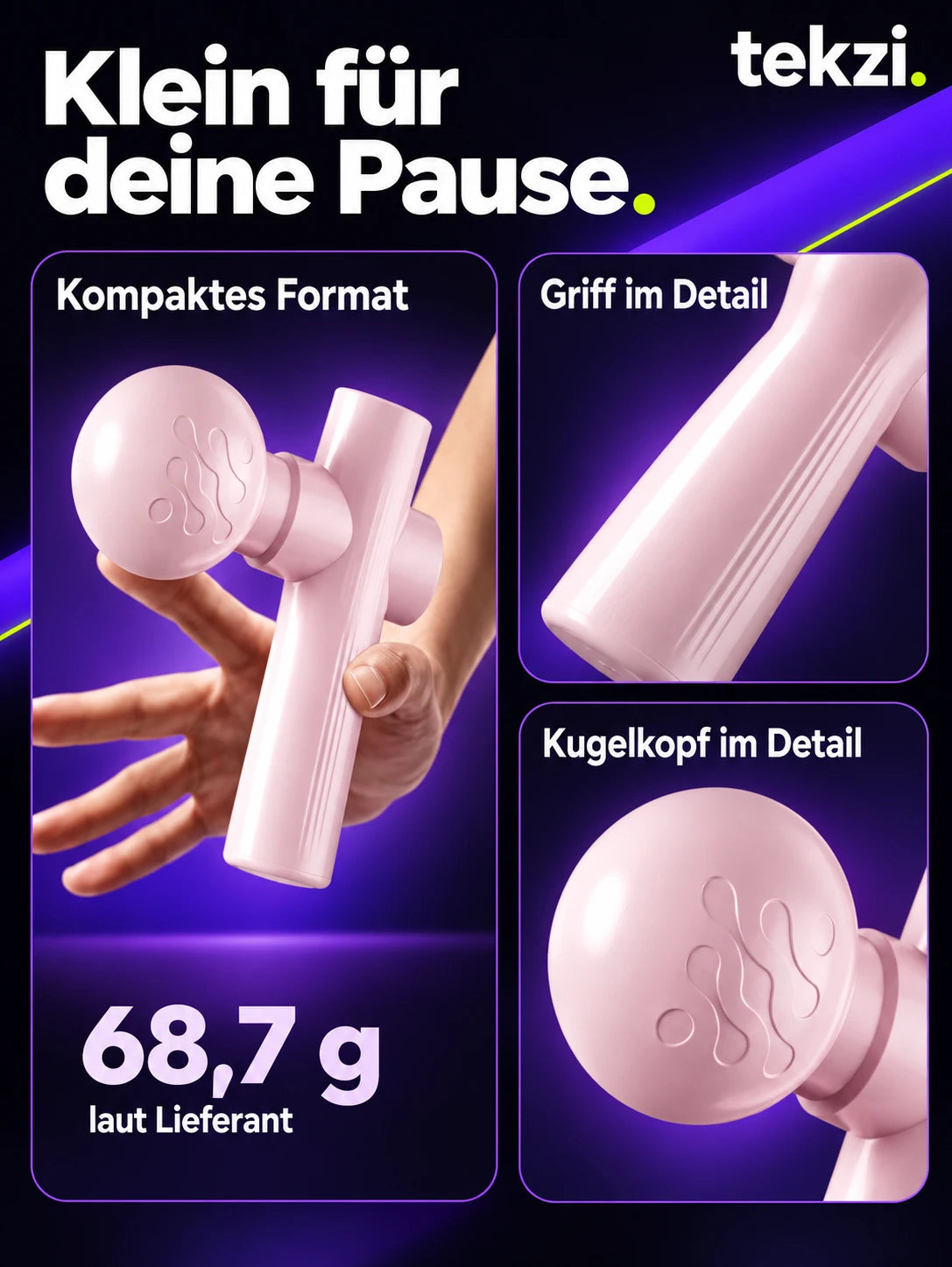 Mini-Massagegerät in Rosa – kompaktes Format, Griff und Kugelkopf im Detail; 68,7 g laut Lieferant