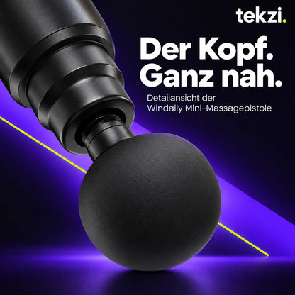 Kopfaufnahme und Kugelkopf der Windaily Mini-Massagepistole in Nahansicht, TEKZI-Design