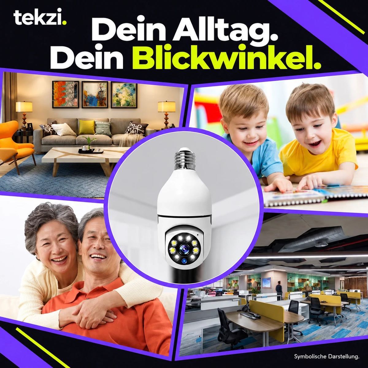 E27-WLAN-Kamera mit symbolischen Einsatzszenen im deutschen TEKZI-Design