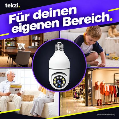 E27-WLAN-Kamera mit symbolischen Einsatzszenen im deutschen TEKZI-Design