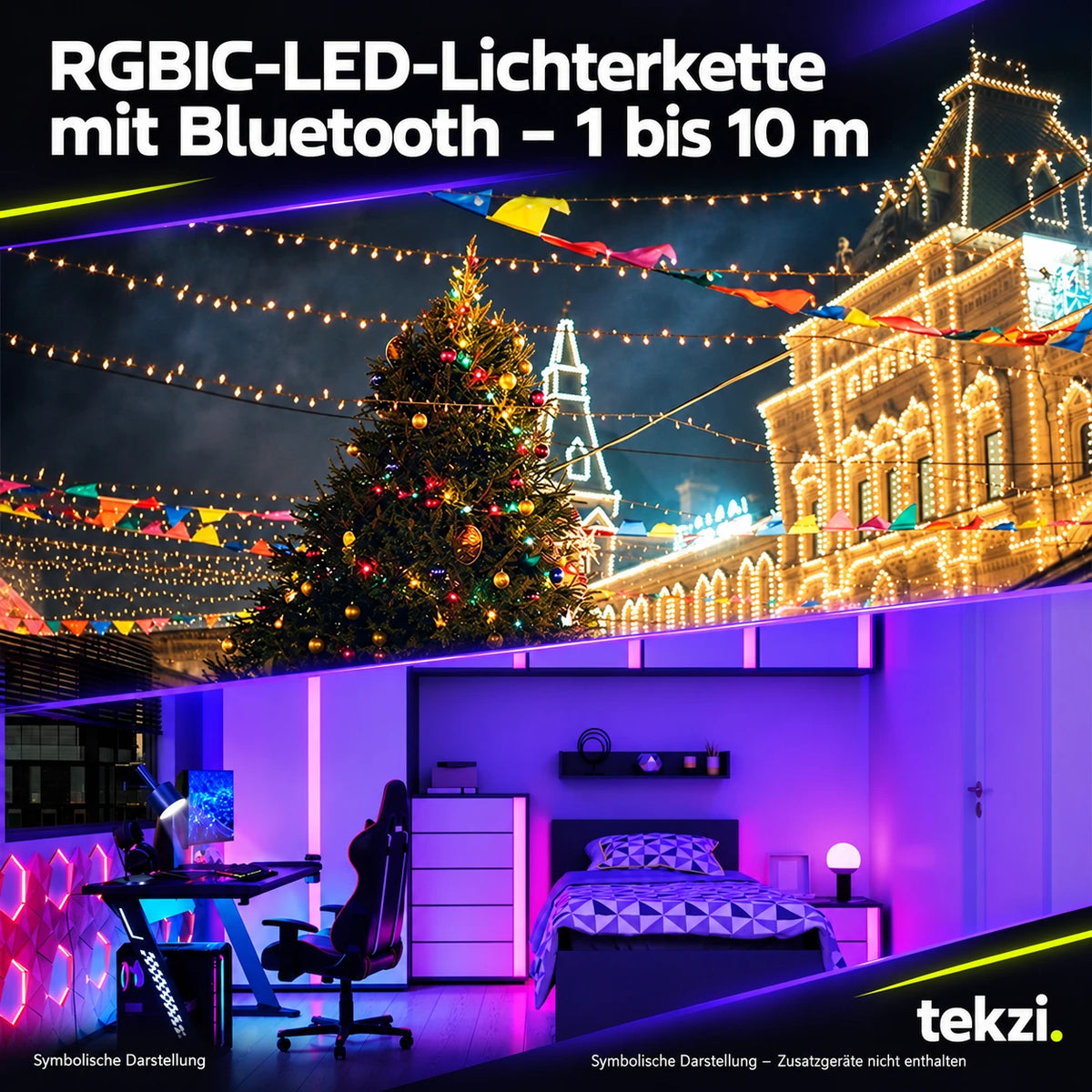 tekzi RGBIC-LED-Lichterkette mit Bluetooth – 1 bis 10 m – Ansicht 2 im TEKZI-Design