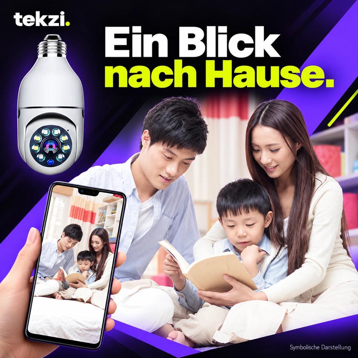 E27-WLAN-Kamera mit symbolischer Darstellung eines Familienraums auf dem Smartphone – TEKZI