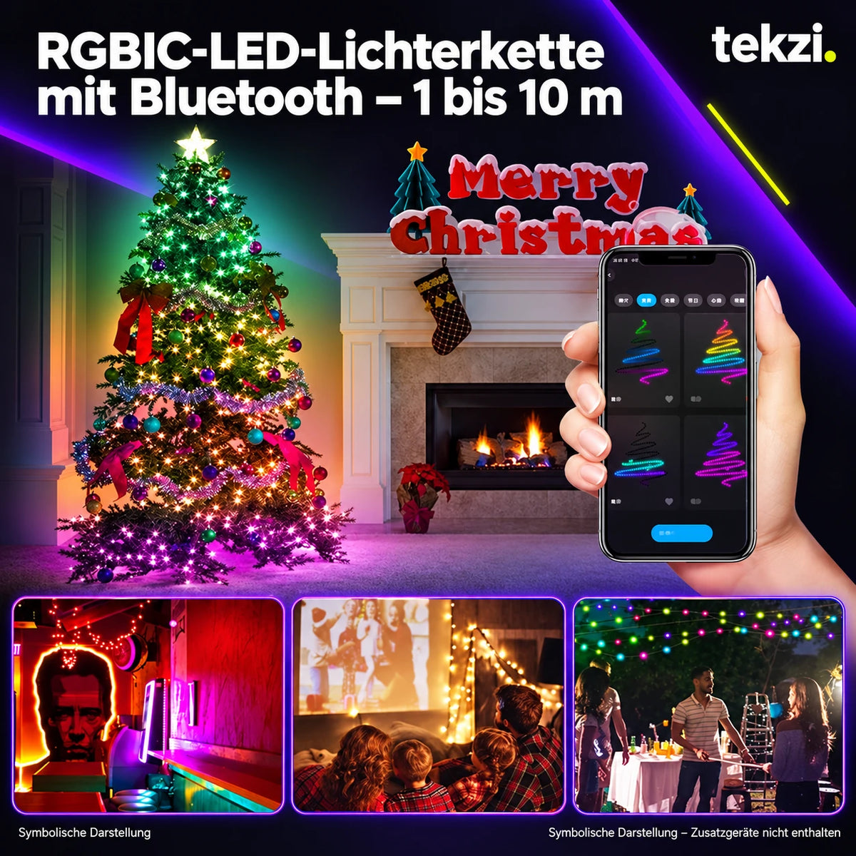 tekzi RGBIC-LED-Lichterkette mit Bluetooth – 1 bis 10 m – Ansicht 3 im TEKZI-Design