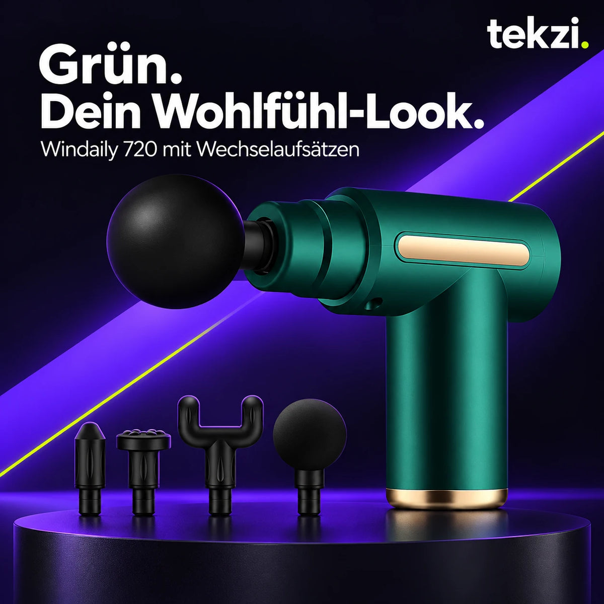 Grüne Windaily 720 Mini-Massagepistole mit Wechselaufsätzen im TEKZI-Design
