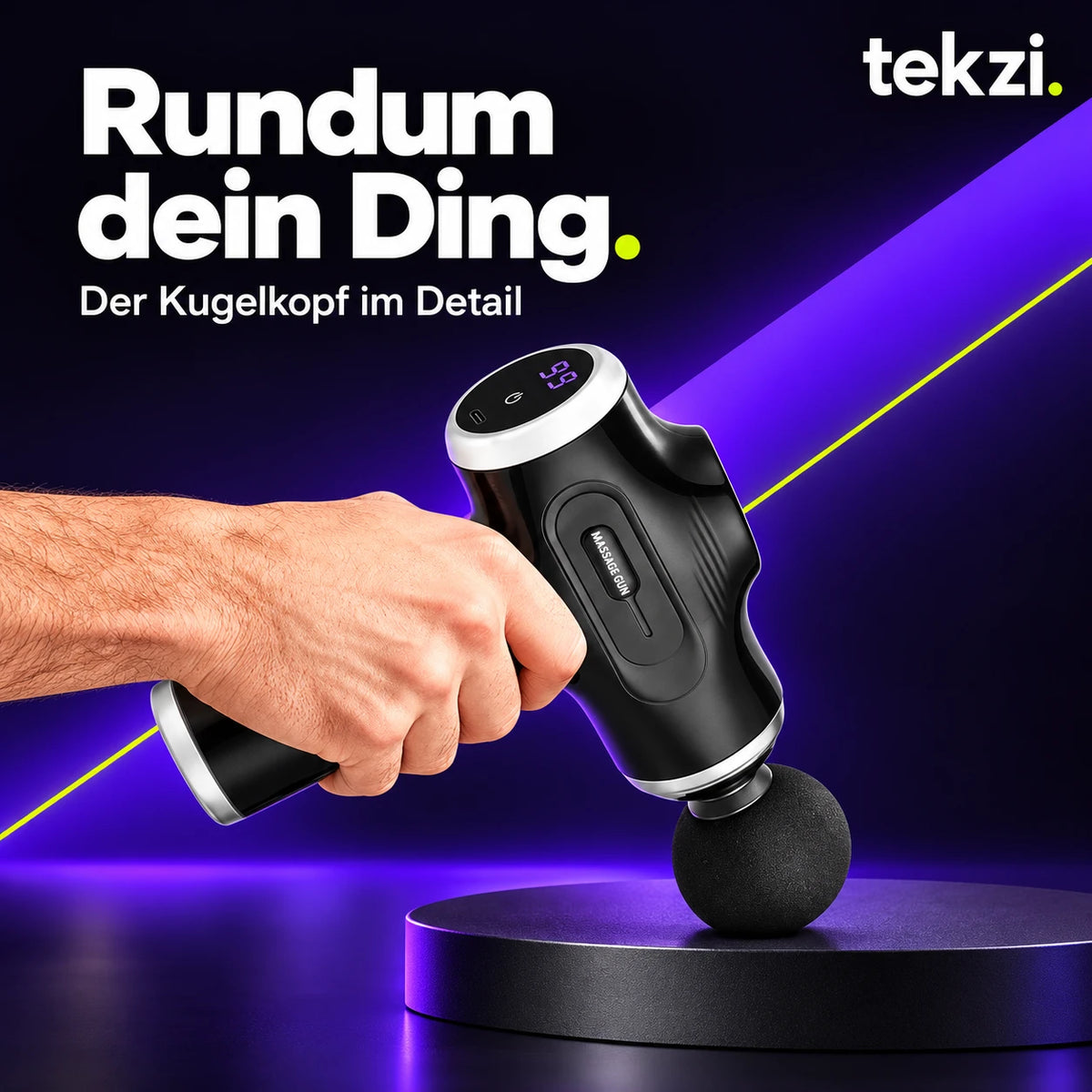 Schwarze foreverlily Massagepistole mit rundem Kugelkopf, Produktdetail im TEKZI-Design