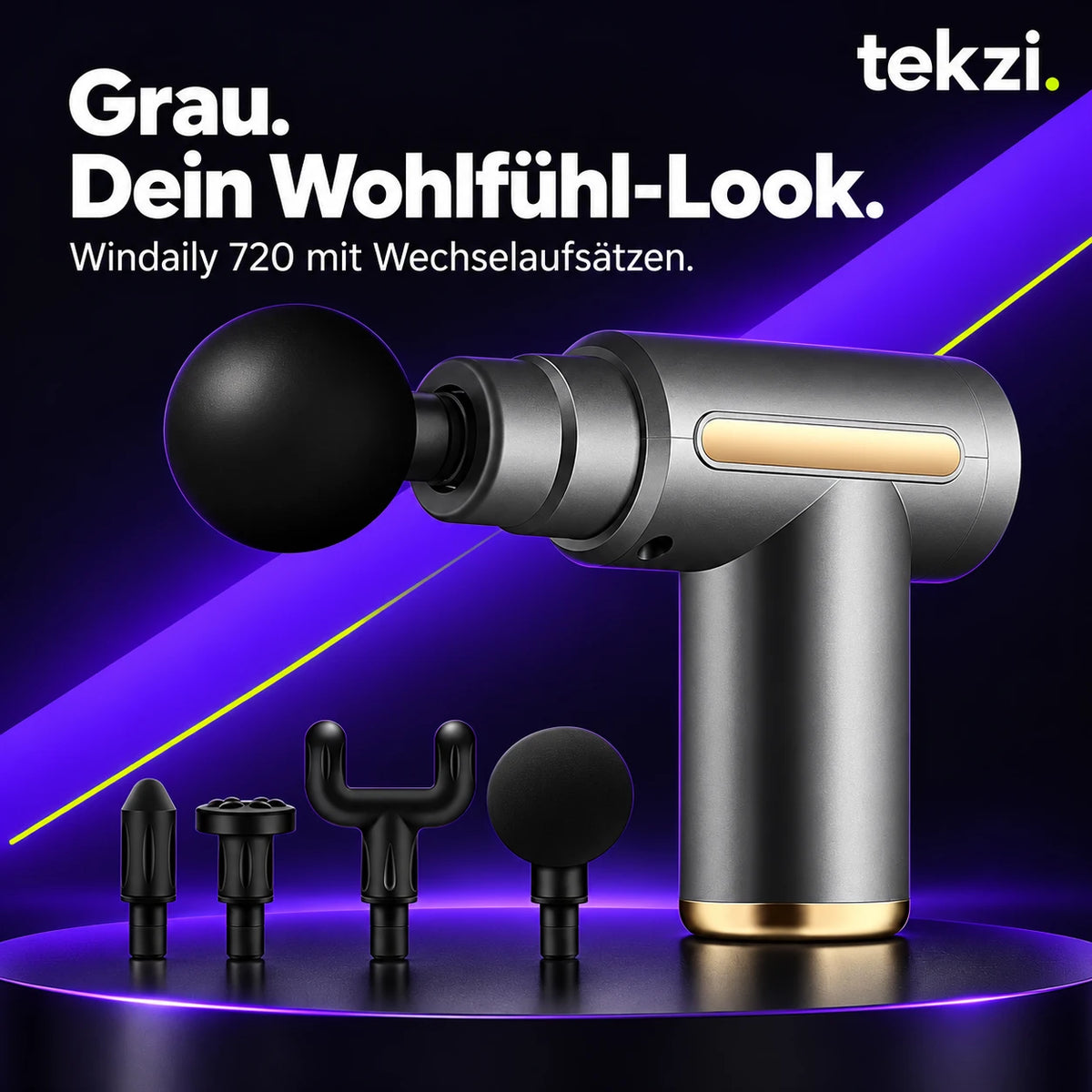 Graue Windaily 720 Mini-Massagepistole mit Wechselaufsätzen im TEKZI-Design