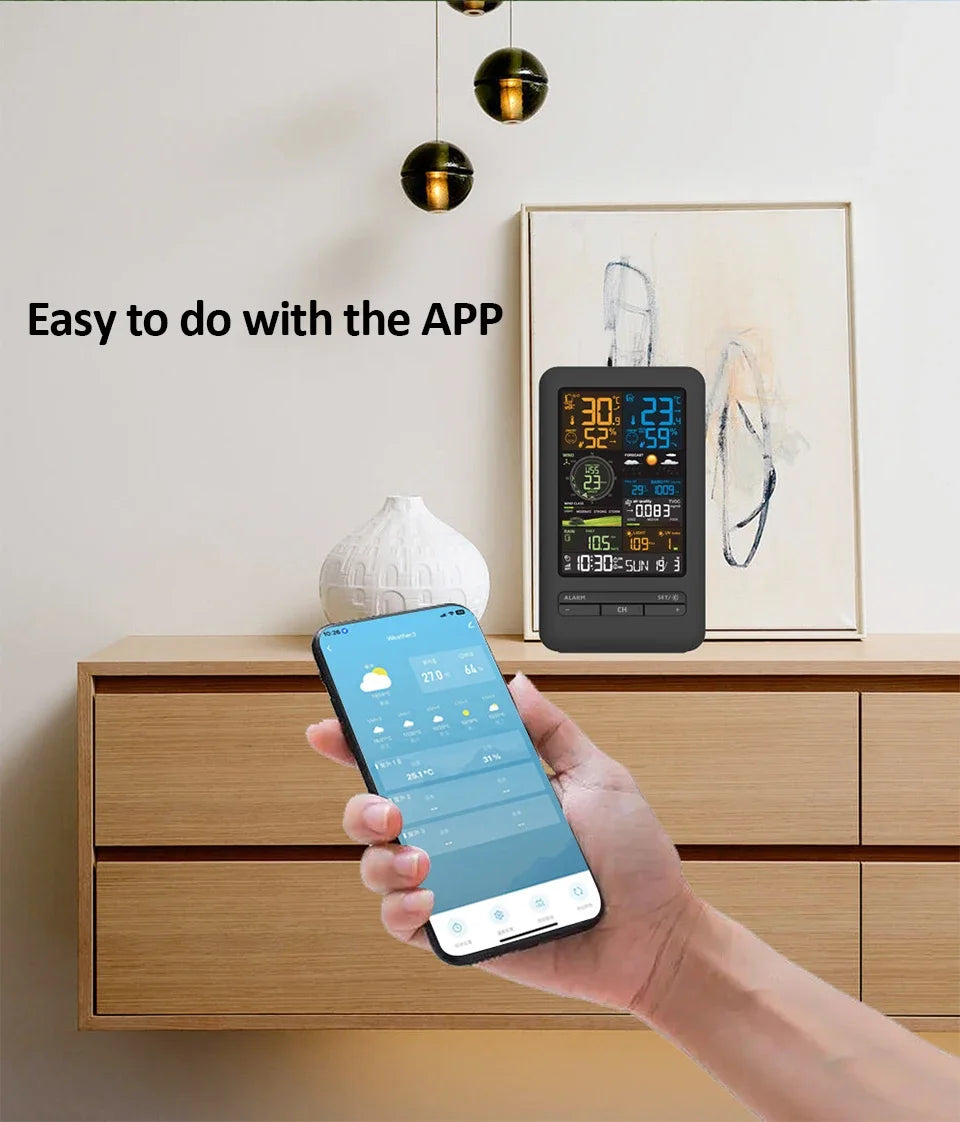 WiFi Smart Weather Station Smart Home Digital Thermometer with Sensor Temperature Humidity Date Light Index Air Quality Monitor