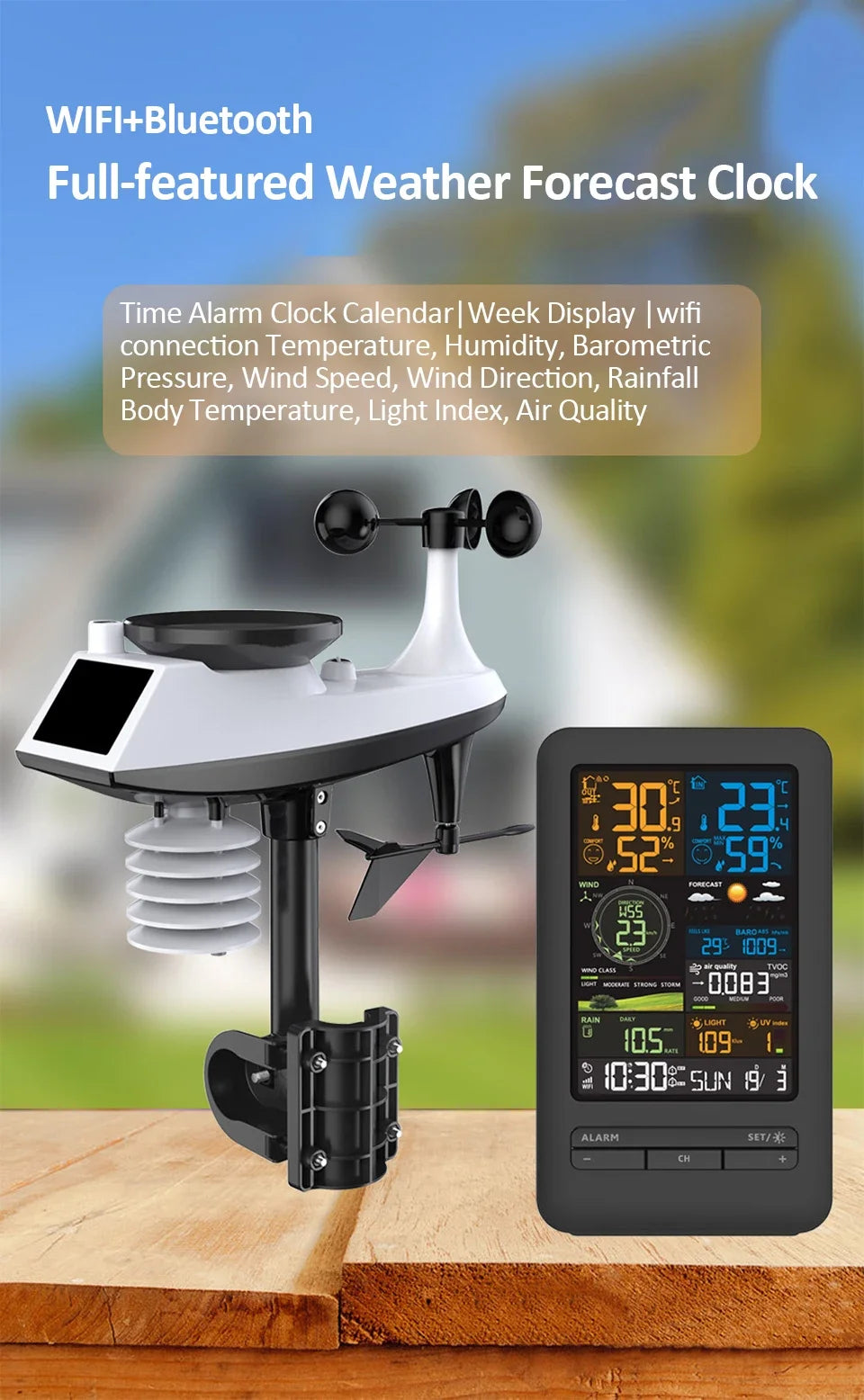 WiFi Smart Weather Station Smart Home Digital Thermometer with Sensor Temperature Humidity Date Light Index Air Quality Monitor