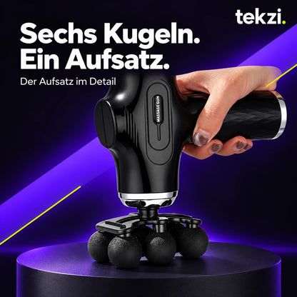 Schwarze foreverlily Massagepistole mit Sechskugel-Aufsatz im Detail, TEKZI-Design