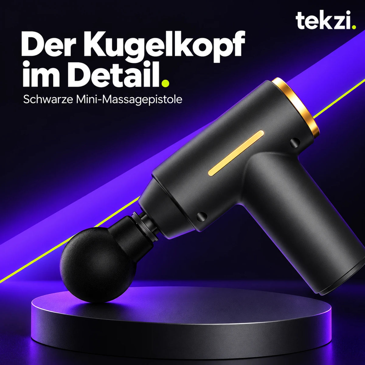 Kugelkopf der schwarzen Mini-Massagepistole im Detail, TEKZI-Design