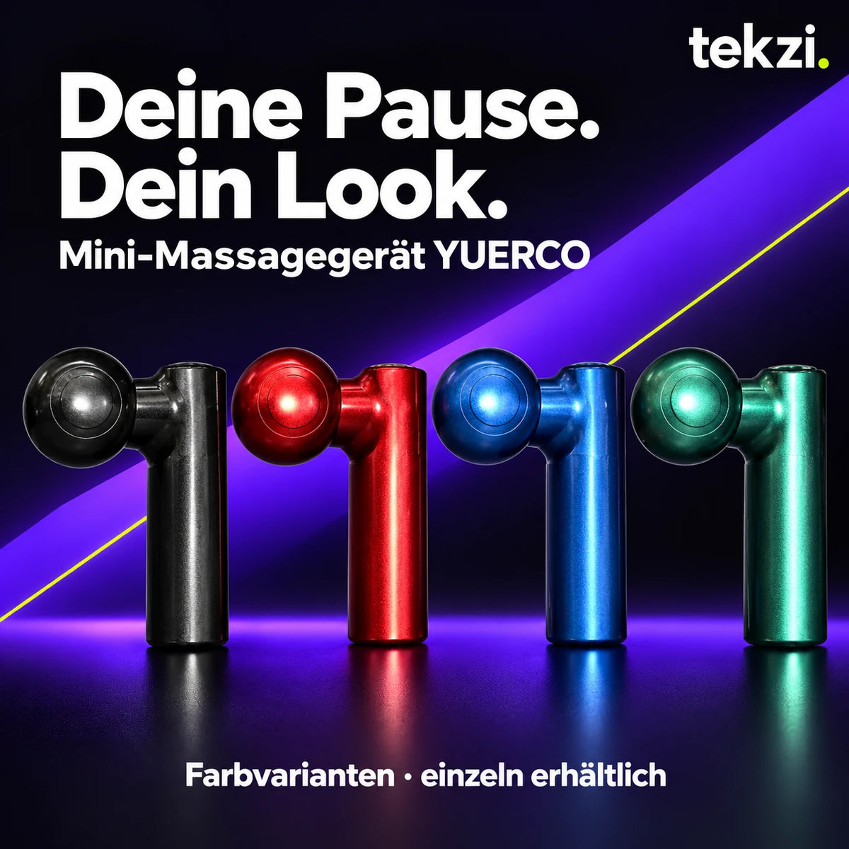 Mini-Massagegerät YUERCO in Schwarz, Rot, Blau und Grün – Farbvarianten im TEKZI-Design