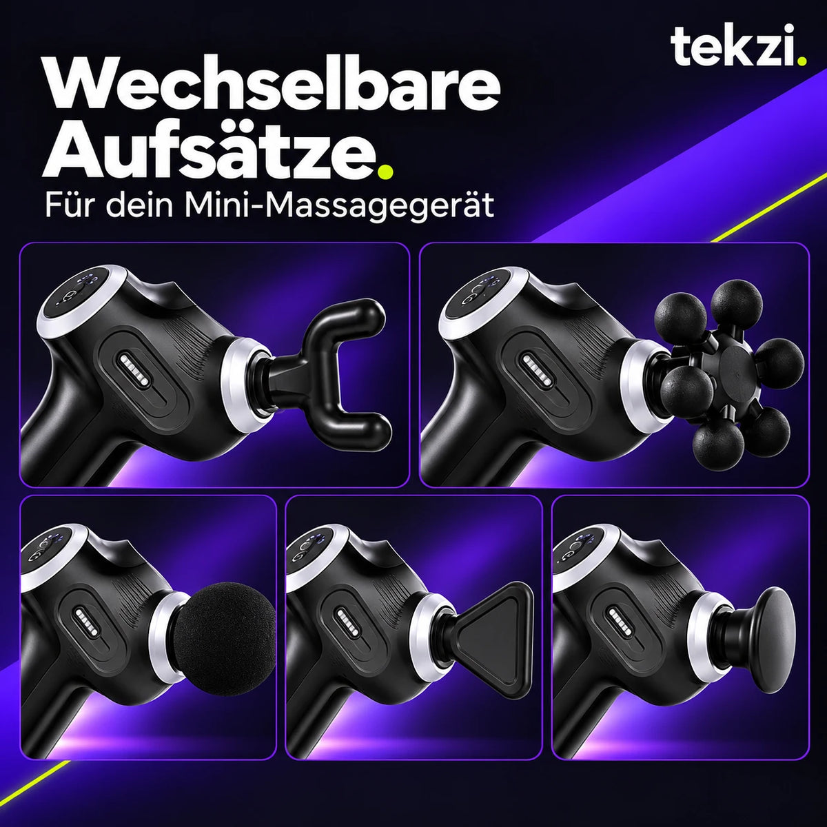 Wechselbare Aufsätze an der foreverlily Mini-Massagepistole – Detailansichten im TEKZI-Design