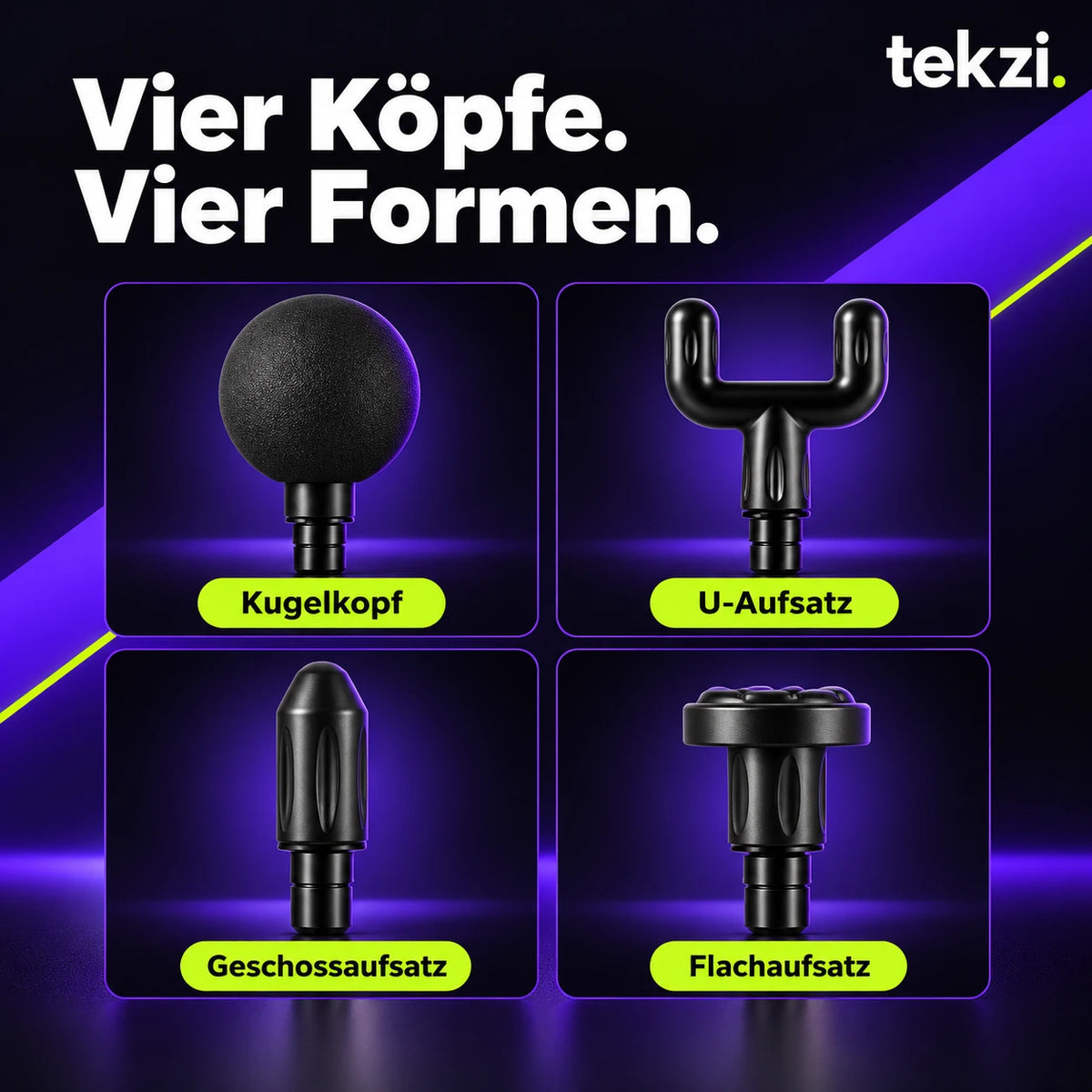 Vier Aufsatzformen der Windaily Mini-Massagepistole: Kugel, U, Geschoss und Flach