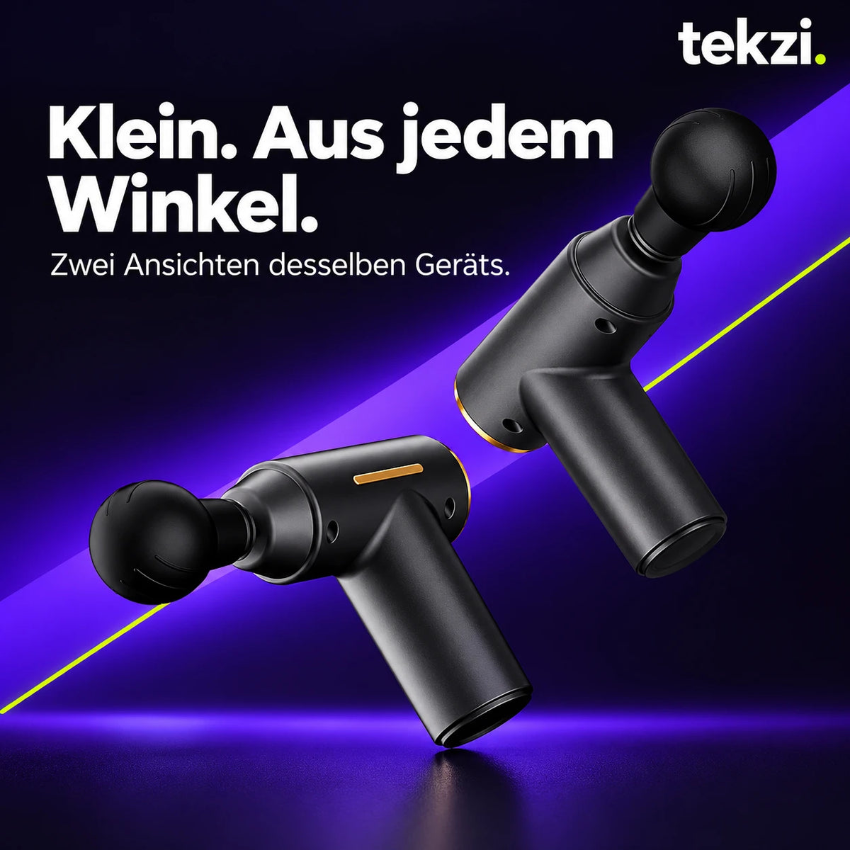 Schwarze Mini-Massagepistole aus zwei Blickwinkeln, zwei Ansichten desselben Geräts