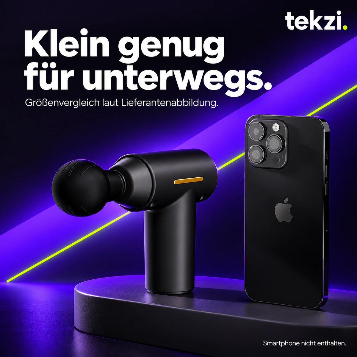 Mini-Massagepistole neben Smartphone als Größenvergleich laut Lieferantenabbildung; Smartphone nicht enthalten