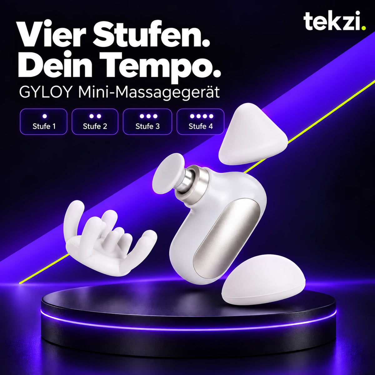 GYLOY Mini-Massagegerät mit vier Stufen und Aufsatzübersicht im TEKZI-Design