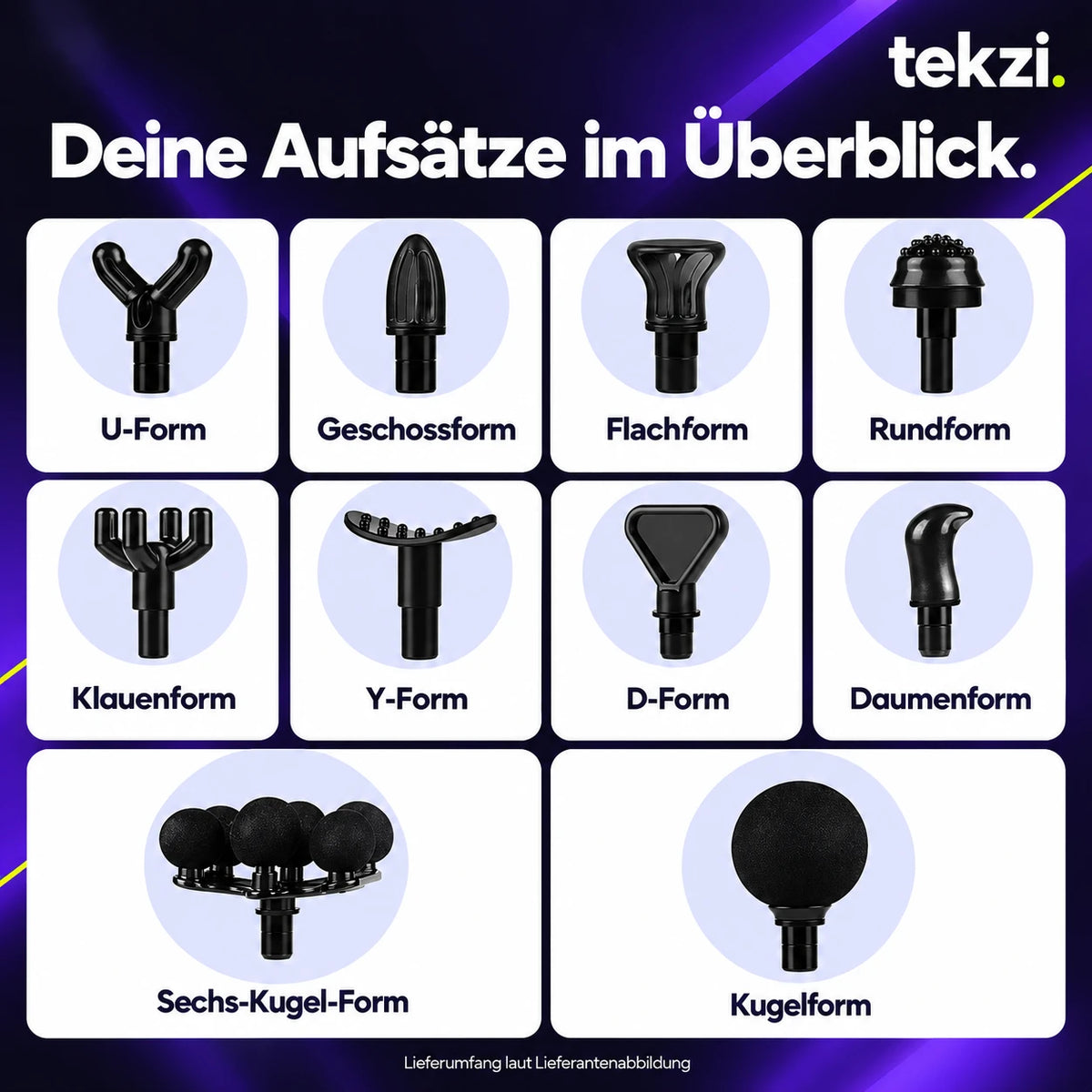 Zehn Aufsatzformen der foreverlily Mini-Massagepistole laut Lieferantenabbildung – Übersicht im TEKZI-Design