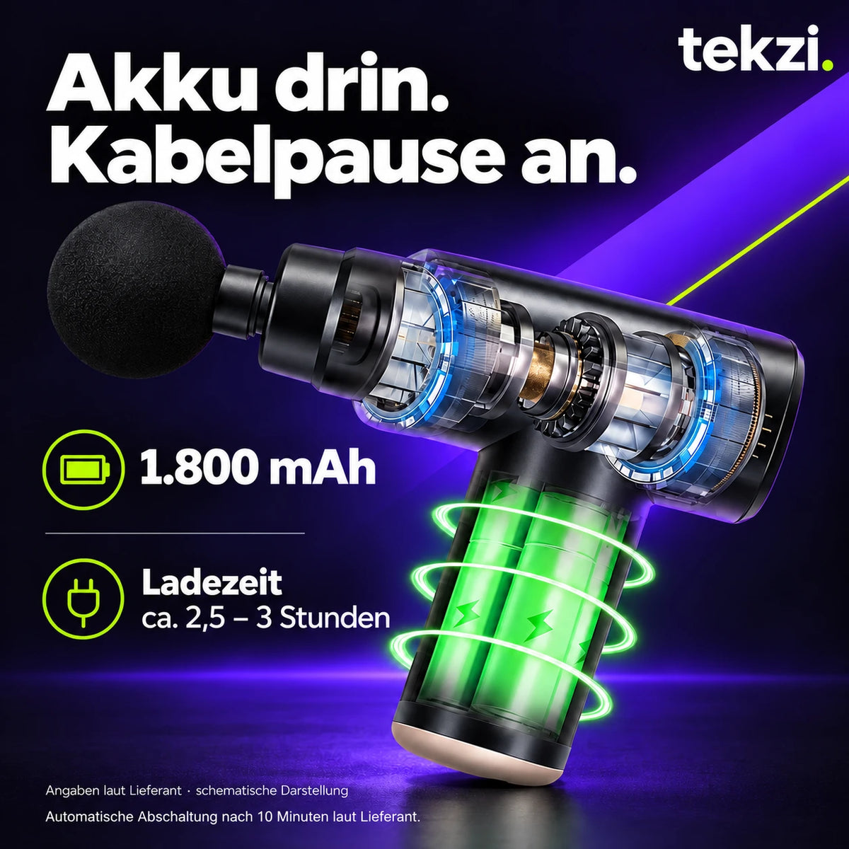 Windaily Akku-Schnittansicht, 1800 mAh, Ladezeit ca. 2,5–3 Stunden und Abschaltung nach 10 Minuten laut Lieferant