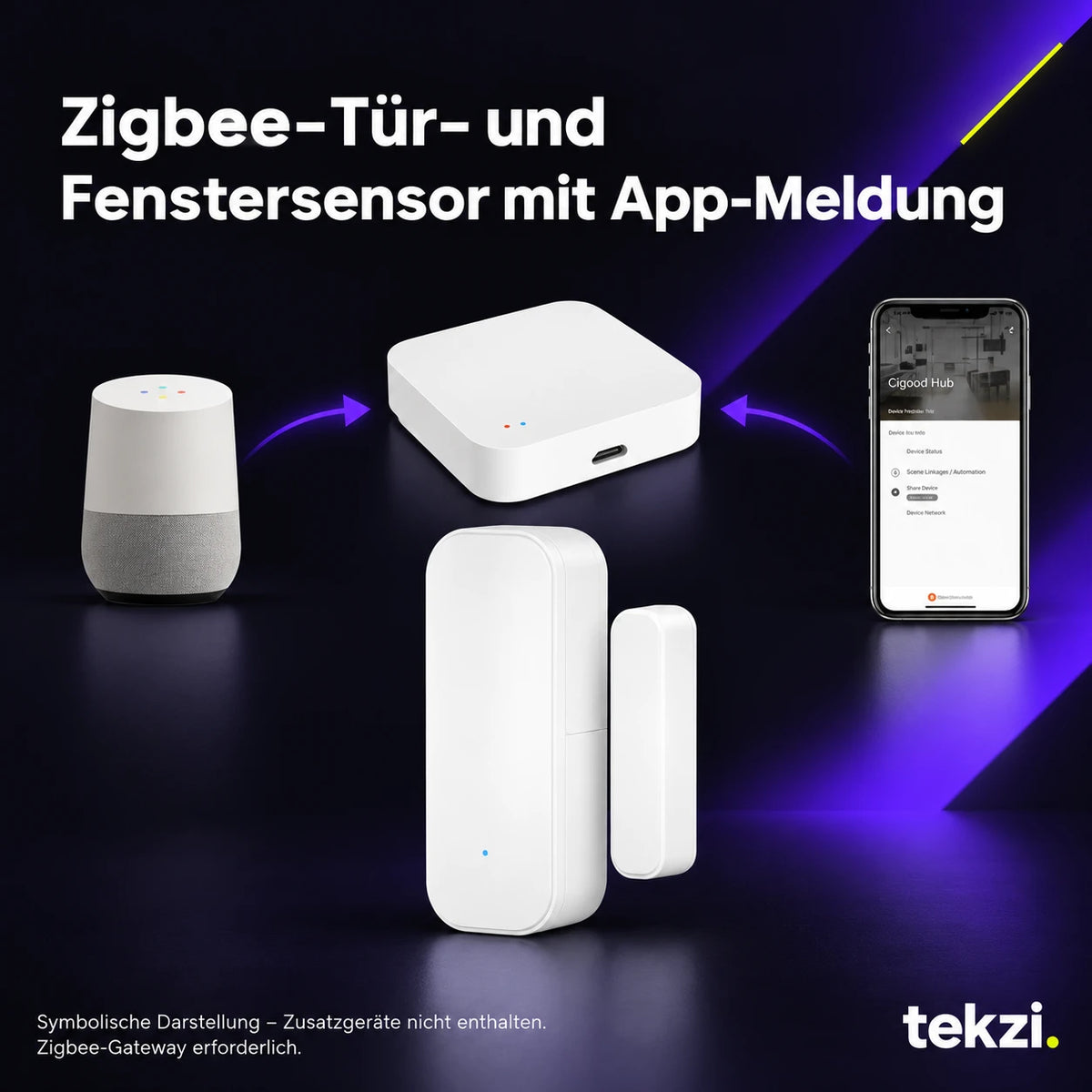 tekzi Zigbee-Tür- und Fenstersensor mit App-Meldung – Ansicht 4 im TEKZI-Design