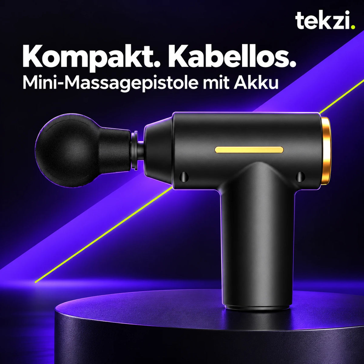 Schwarze Mini-Massagepistole mit Akku, Seitenansicht im TEKZI-Design