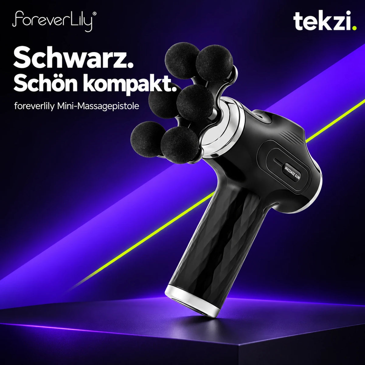 Schwarze foreverlily Mini-Massagepistole mit Sechskugel-Aufsatz, TEKZI-Design
