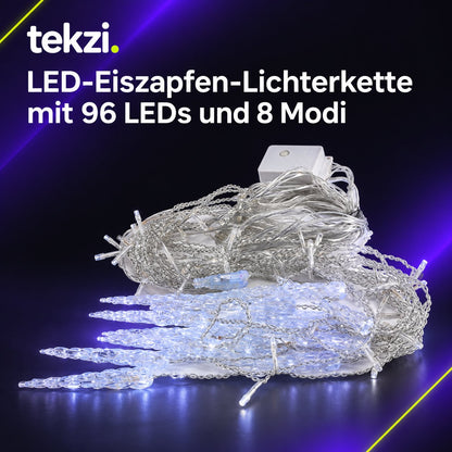 tekzi LED-Eiszapfen-Lichterkette mit 96 LEDs und 8 Modi – Ansicht 4 im TEKZI-Design