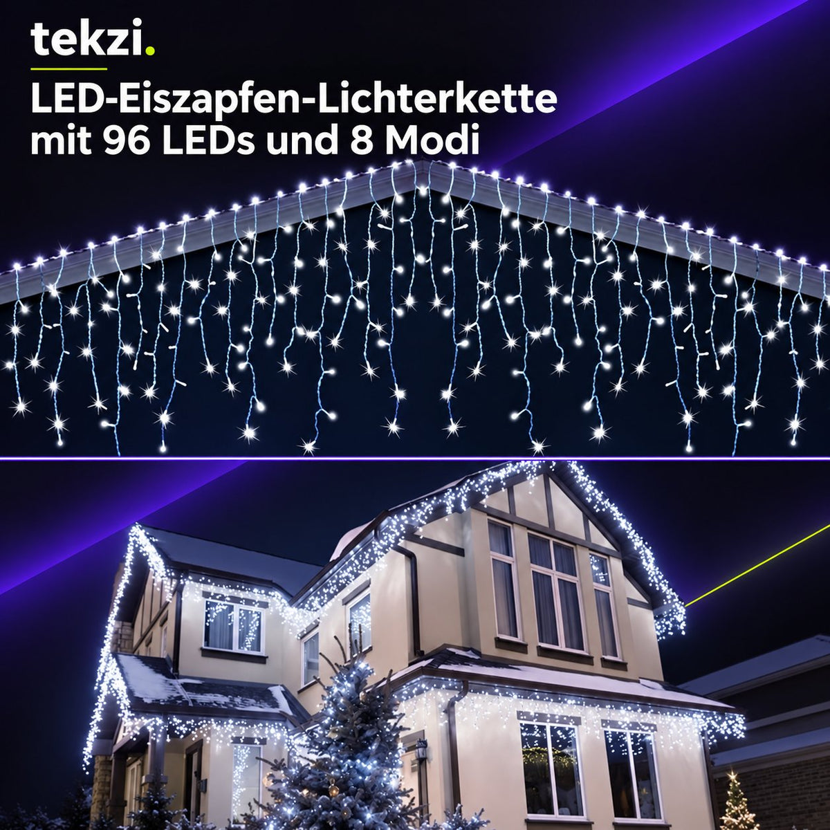 tekzi LED-Eiszapfen-Lichterkette mit 96 LEDs und 8 Modi – Ansicht 6 im TEKZI-Design