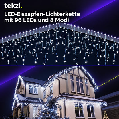 tekzi LED-Eiszapfen-Lichterkette mit 96 LEDs und 8 Modi – Ansicht 6 im TEKZI-Design