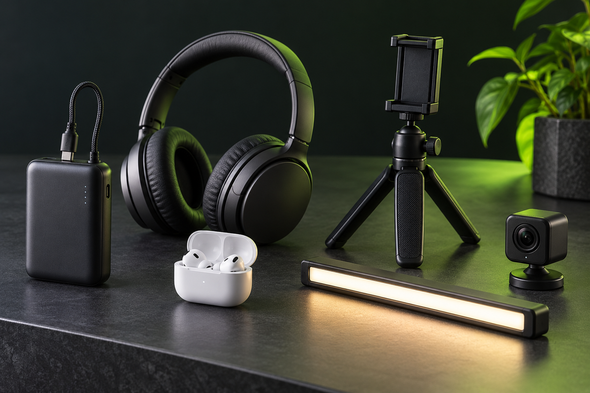 Illustratives Technikmotiv mit Powerbank, Kopfhörern, Creator-Stativ, Kamera und LED-Lichtbar